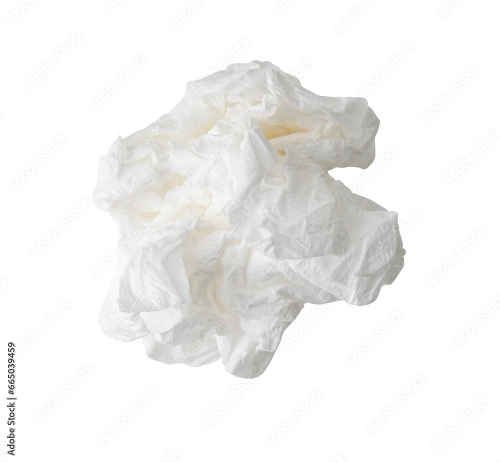 Top view of single screwed or crumpled tissue paper or napkin in strange shape after use in toilet or restroom isolated on white background with clipping path in png file format Top view of single screwed or crumpled tissue paper or napkin in strange shape after use in toilet or restroom isolated on white background with clipping path in png file format