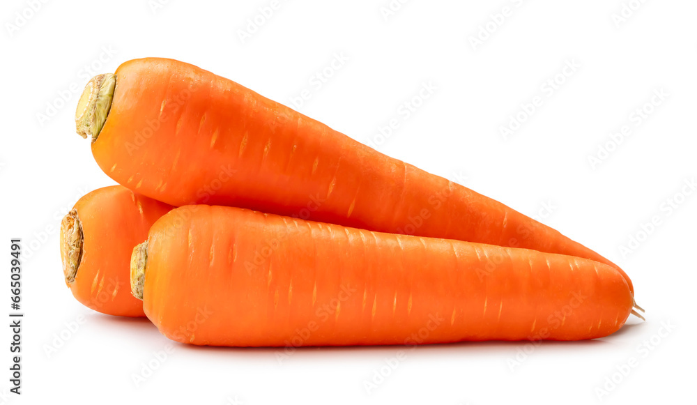 Three fresh beautiful orange carrots in stack isolated on white background with clipping path and shadow in png file format Close up of healthy vegetable root with full focus Three fresh beautiful orange carrots in stack isolated on white background with clipping path and shadow in png file format Close up of healthy vegetable root with full focus