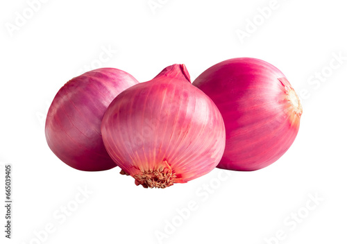 Fresh red onion bulbs in stack isolated on white background with clipping path in png file format