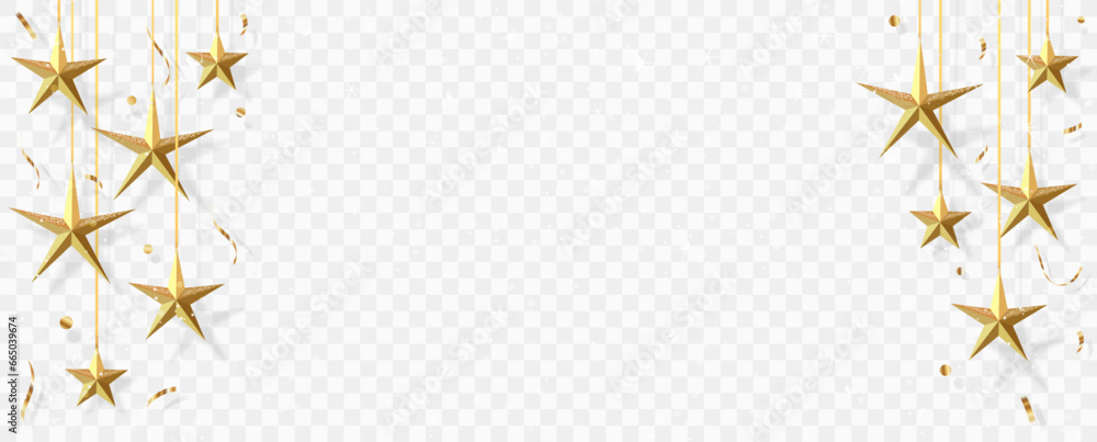 Obraz premium Gold stars with shadow and confetti isolated on transparent background