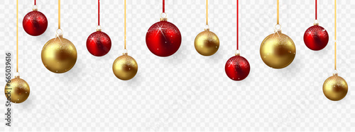Red and gold christmas balls with shadow isolated on transparent background