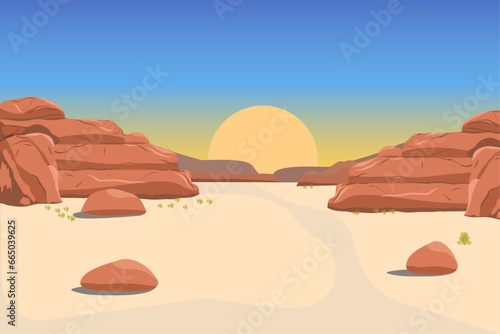 Desert landscape with rock formations and sunset sky - Vector Illustration
