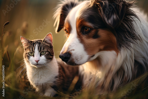 pies i kot na łące