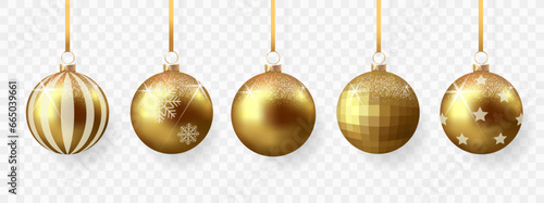 Collection of gold christmas balls with shadow isolated on transparent background	