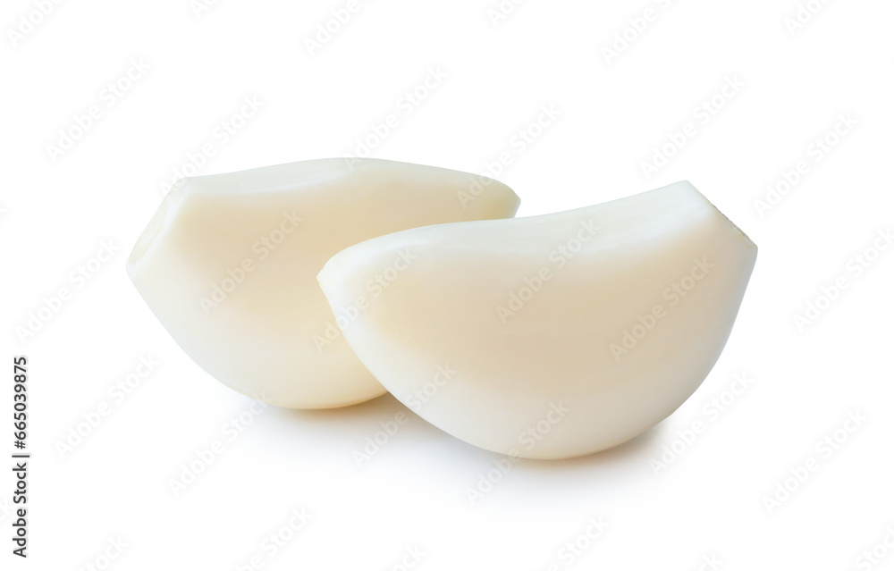 Peeled garlic cloves in stack isolated on white background with clipping path and shadow in png file format Peeled garlic cloves in stack isolated on white background with clipping path and shadow in png file format