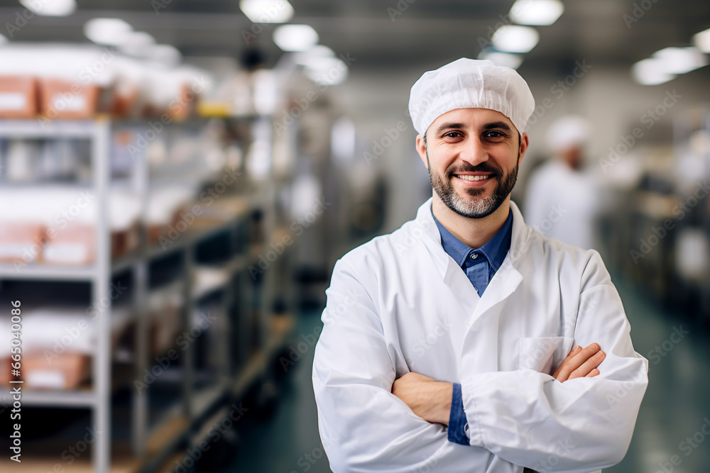 SMILING BUSINESS MAN MANAGER OF A FOOD ENTERPRISE CONTROLS THE PRODUCTION PROCESS, HORIZONTAL IMAGE. image created by legal AI