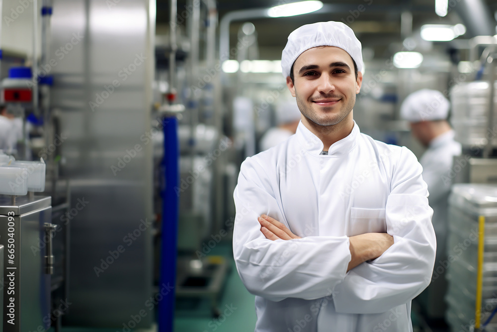 SMILING BUSINESS MAN MANAGER OF A FOOD ENTERPRISE CONTROLS THE PRODUCTION PROCESS, HORIZONTAL IMAGE. image created by legal AI