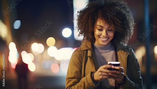 Evening Glow and Urban Stories: Smiling Woman with curled hair looking at smartphone. Generative ai
