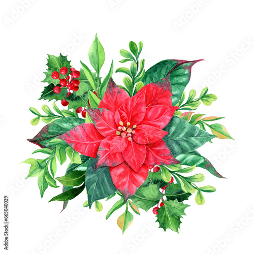 Clip art Rosette with Red Poinsettia  holly with berries and different green branches. Rosette of Traditional Christmas symbols