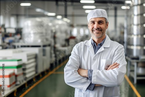SMILING BUSINESS MAN MANAGER OF A FOOD ENTERPRISE CONTROLS THE PRODUCTION PROCESS, HORIZONTAL IMAGE. image created by legal AI photo