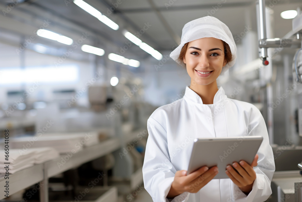 SMILING BUSINESS WOMAN MANAGER OF A FOOD ENTERPRISE CONTROLS THE PRODUCTION PROCESS, HORIZONTAL IMAGE. image created by legal AI