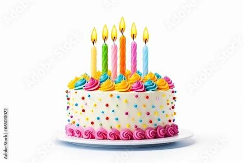 Colourful birthday cake with candles isolated on white background.