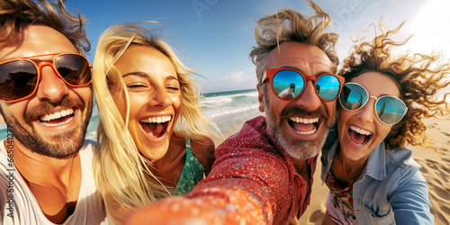 COMMUNITY OF LAUGHING FRIENDS ON THE BEACH TAKING SELFIES. image created by legal AI