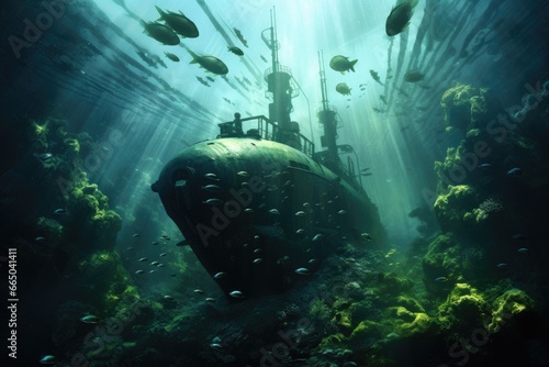Naval submarines beneath the waves.