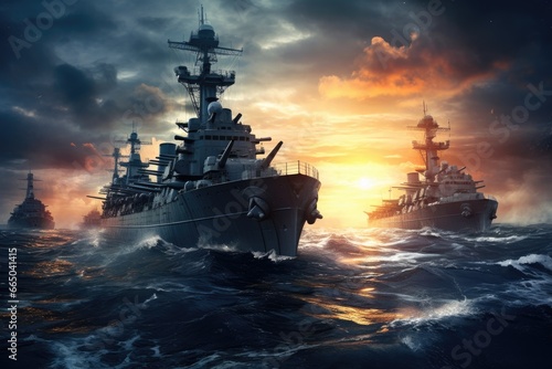 Navy battleships on the horizon.