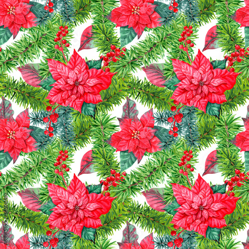 Aquarelle painted jointless tiles with traditional Red Poinsettia and fir paws decor. For wallpapers, textile, wrapping paper photo