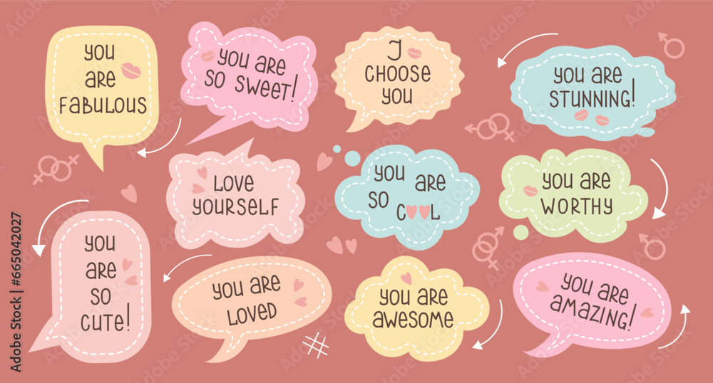 Set of inspirational speech bubbles with compliments, quotes about love for yourself and others. Cartoon icons, stickers, vector Set of inspirational speech bubbles with compliments, quotes about love for yourself and others. Cartoon icons, stickers, vector