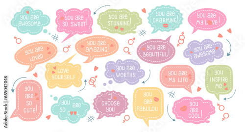 Set of inspirational speech bubbles with compliments, quotes about love for yourself and others. Cartoon icons, stickers, vector