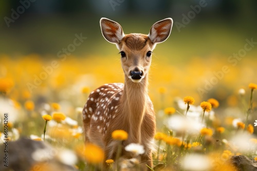 Female roe deer with beautiful flower.
