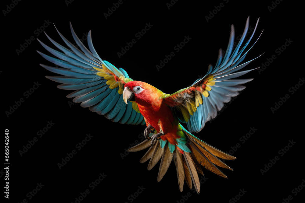 Flying parrot on black background