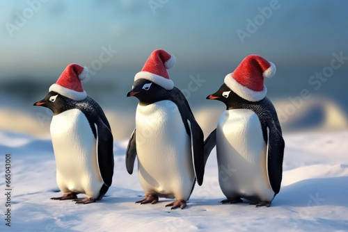 Three penguins with santa claus hats © Jürgen Fälchle