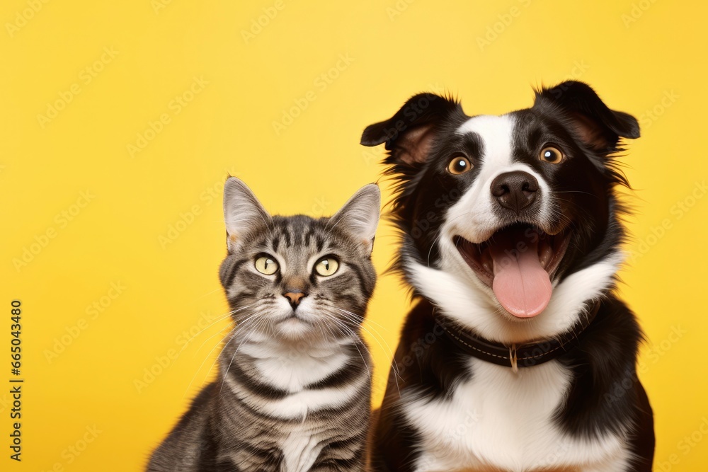  Cat and dog together with happy expressions on yellow background.