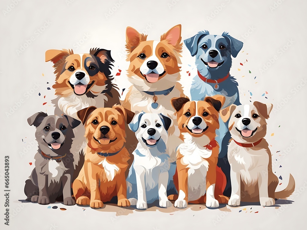 a group of dogs But separate sitting next to each other on top of a white background; with a dog's face drawn in different colors, furry art, vector art, Claire Dalby, cute and funny