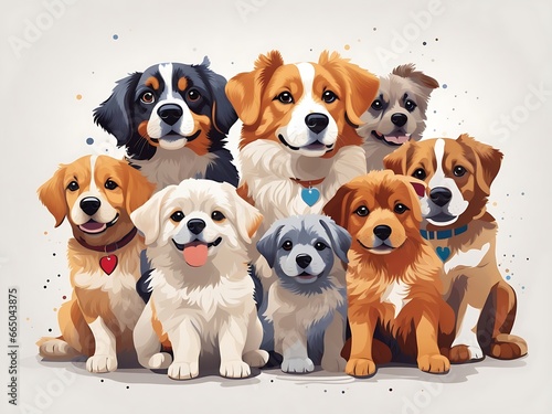 a group of dogs But separate sitting next to each other on top of a white background; with a dog's face drawn in different colors, furry art, vector art, Claire Dalby, cute and funny