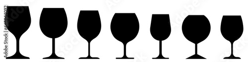 Wine glass icon. Set of various wine glasses. Black silhouette of wine glass.