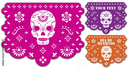 Papel picado de colores para la celebración del día de muertos en México, puedes colocar tu propio texto	