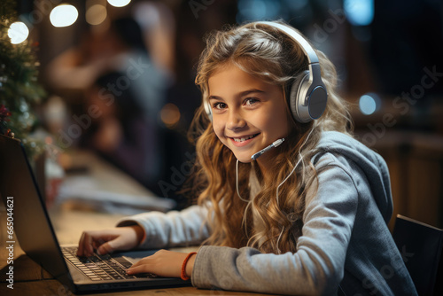 Smiling beautiful girl with headphones sitting at a laptop. Distance learning, online learning, zoom lesson. Courses. Homeschooling concept