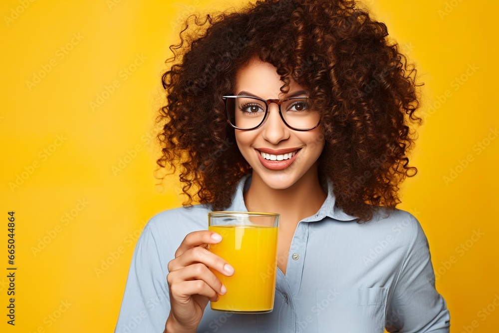 Laughing woman with a stack of orange juice Laughing woman with a stack of orange juice