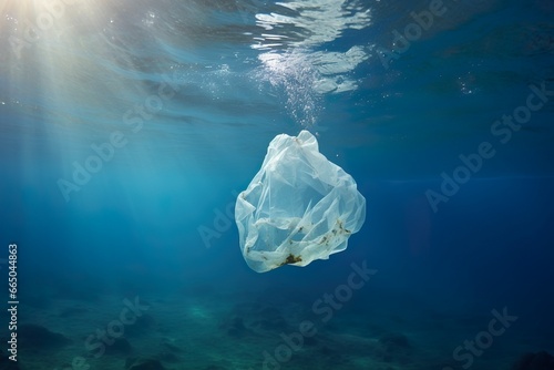 Underwater pollution:- A discarded plastic carrier bag drifting in a tropical, blue water ocean photo