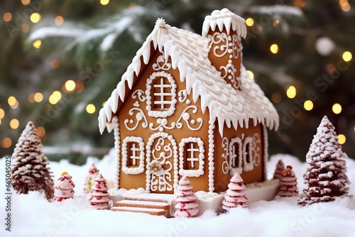 Tasty gingerbread house with Christmas decor
