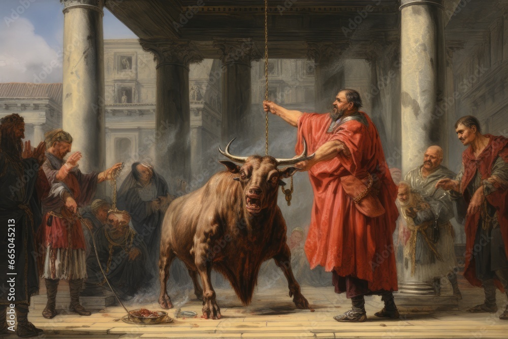 Priests performing animal sacrifices in Roman rituals