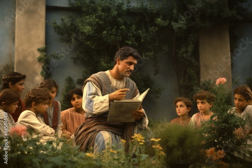 Roman students learning from their tutor in a garden.