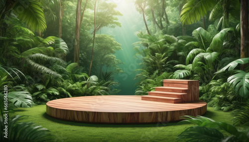 a product on a wooden platform surrounded by a vibrant tropical jungle