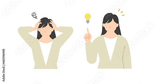 困ったポーズとひらめきのポーズのスーツの女性のイラスト