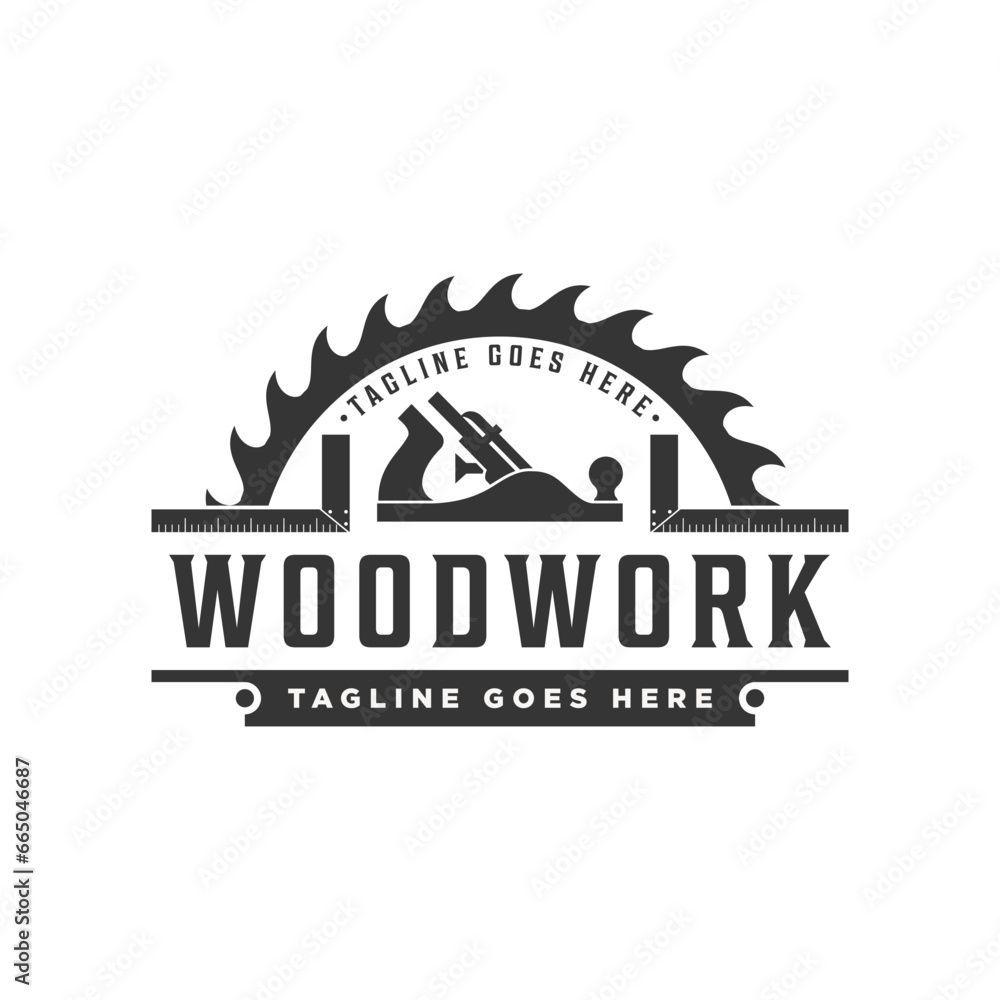 Carpentry or woodworking logo emblem vintage silhouette isolated with jack plane tool icon
