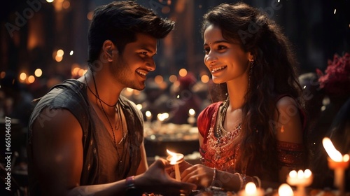  Indian couple wearing in traditional clothes, celebrating Indian Festival Diwali. AI generated