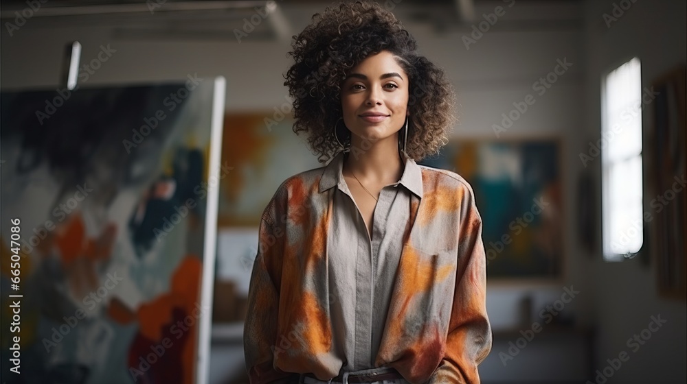 Young female artist shows off her drawings at workspace. Young female artist shows off her drawings at workspace.