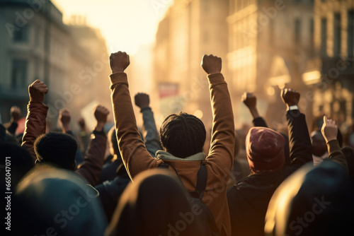 Protest activists. Crowd with raising fists at city street. Group of aggressive people protesting for human rights. Angry people make revolution