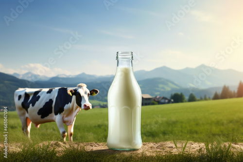 Bottle of milk against cows grazing on green field. Landscape with green grass on meadow and mountains on background. Natural organic farm product