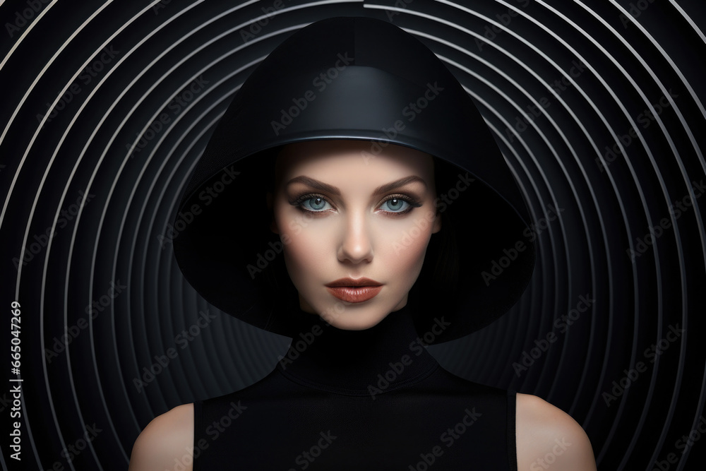 Creative portrait of woman on abstract background. Stylish fashion concept with female model wearing black dress Creative portrait of woman on abstract background. Stylish fashion concept with female model wearing black dress