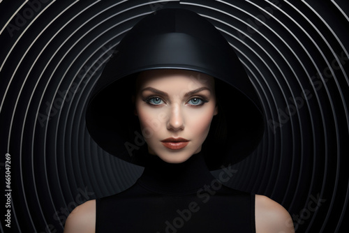 Creative portrait of woman on abstract background. Stylish fashion concept with female model wearing black dress