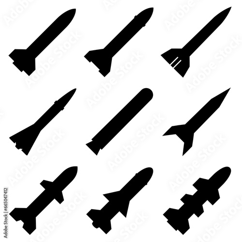 Missile icon set. Missile graphic resources for icon, symbol, or sign. Vector icon of rocket missiles for design of war, conflict or military