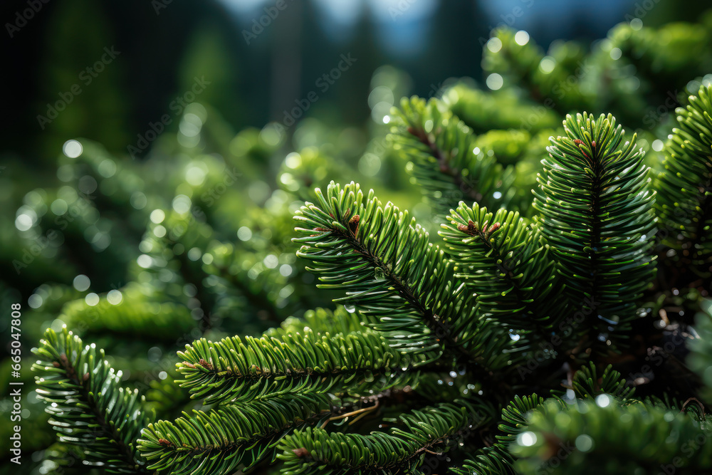 Fir tree brunch close up. Shallow focus. Fluffy fir tree brunch close up. Christmas wallpaper concept. Copy space.. Generative Ai.