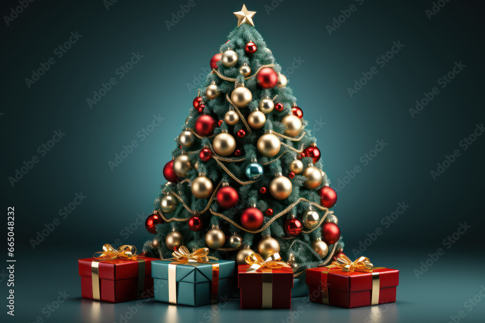 Decorated Christmas tree isolated on solid background. Generative Ai.