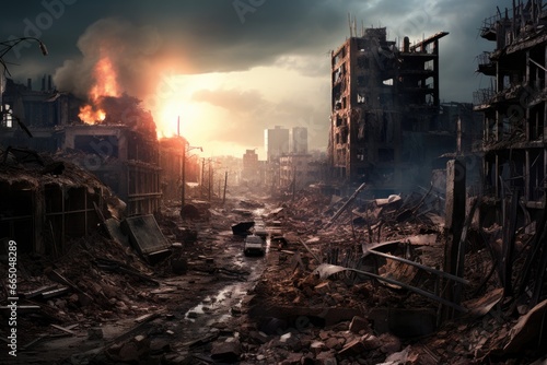 War-torn city, aftermath of bombardment.