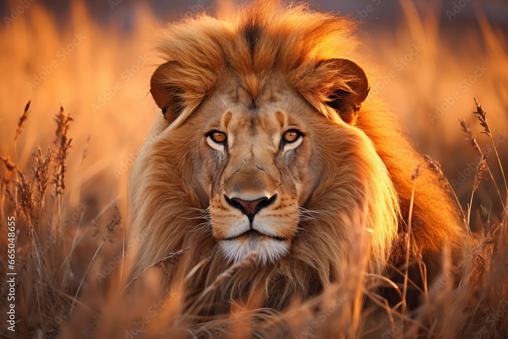 Amidst the vast savannah, a majestic lion stands tall, its golden mane blending with the swaying grass as it surveys its wild kingdom Amidst the vast savannah, a majestic lion stands tall, its golden mane blending with the swaying grass as it surveys its wild kingdom